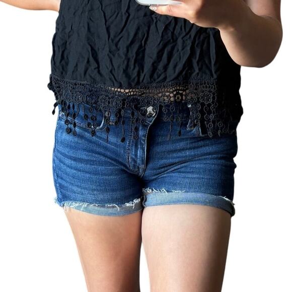 American Eagle 2 Dark Wash Cutoff Super Stretch Shortie Low Rise Denim Shorts - Picture 1 of 9